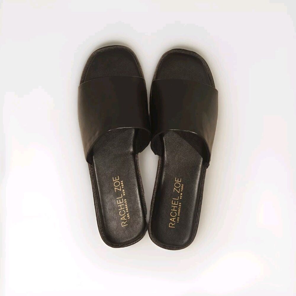 Rachel Zoe Sandals Womens 8M Tudor Slide Black Faux Leather Slip On Flats Casual